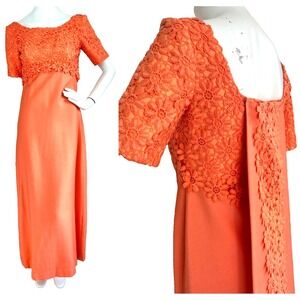 Vintage 50's Montaldos Gown Maxi Dress Floral Lace Train Apricot Size X-Small
